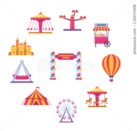 Amusement park icons. Vector carnival circus tent, ferris wheel, roller coaster, carousel and popcorn booth, tickets box, balloon. Vector. Amusement park icons. Vector carnival circus tent, ferris wheel, roller coaster, carousel and popcorn booth, tickets box, balloon. Vector. 116455906