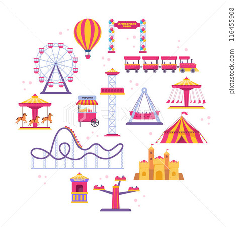 Amusement park icons. Vector carnival circus tent, ferris wheel, roller coaster, carousel and popcorn booth, tickets box, balloon. Vector. 116455908