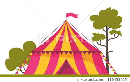Circus red and yellow striped tent in retro style, with flag on the top. Carnival or entertainment vector illustration. 116455915