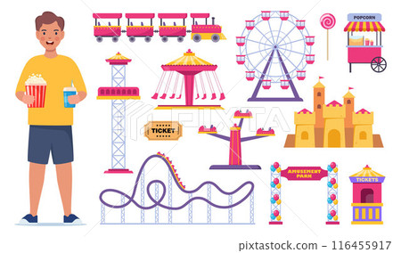 Amusement park icons. Kid, carnival circus tent, ferris wheel, roller coaster, carousel and popcorn booth, tickets box, balloon. Ice cream, soda, popcorn. Vector. 116455917