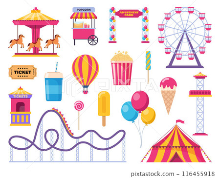Amusement park icons. Vector carnival circus tent, ferris wheel, roller coaster, carousel and popcorn booth, tickets box, balloon. Ice cream, soda, popcorn. Vector. 116455918