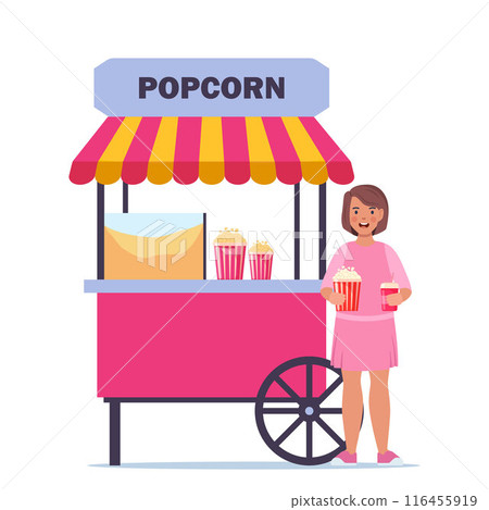 Traditional carnival commercial popcorn popper machine cart with tent. Happy kid buying popcorn in amusement park. Vector. 116455919