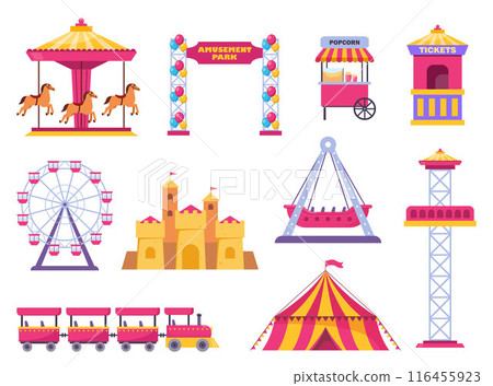 Amusement park icons. Vector carnival circus tent, ferris wheel, roller coaster, carousel and popcorn booth, tickets box, balloon. Vector. 116455923