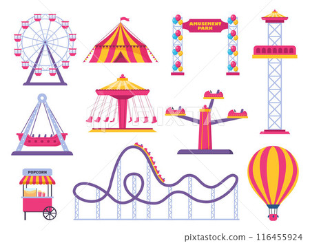 Amusement park icons. Vector carnival circus tent, ferris wheel, roller coaster, carousel and popcorn booth, tickets box, balloon. Vector. 116455924