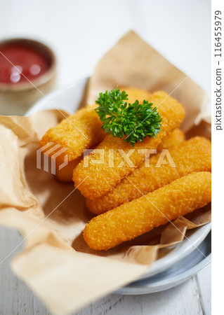 Close up Fried fish sticks. 116455979