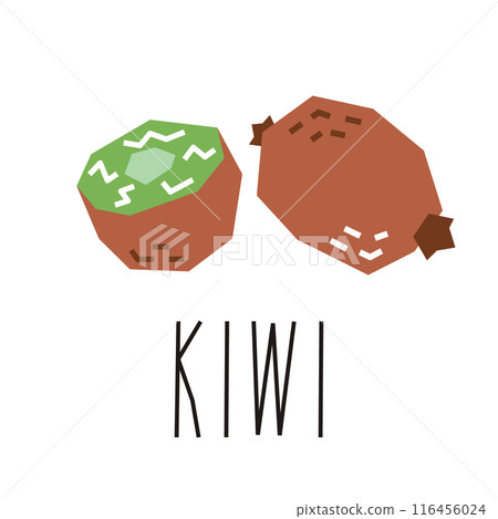Kiwi cartoon illustration and text isolated on white. Tropical fruits. Kiwi whole and slice geometric logo, print, design. Vector illustration 116456024