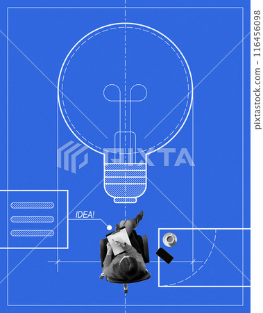 Businesswoman sitting on chair with notebook, with lightbulb element. Innovation, creative thinking, and development of new ideas. Conceptual minimalistic design 116456098