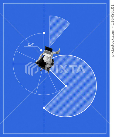 Businesswoman sitting on chair in a pie char and working on laptop. Data-driven insights, analysis, and decision-making. Conceptual minimalistic design. 116456101