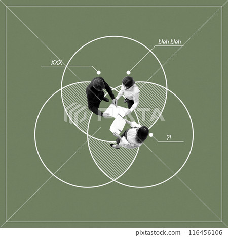 Three business people standing in diagram, discussing work documents. Collaboration, ideas, brainstorming and teamwork. Conceptual minimalistic design. 116456106