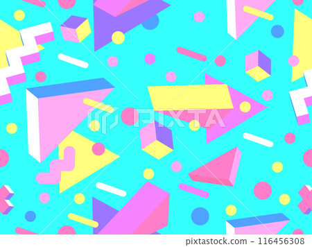 Geometric seamless pattern in 80s style. Colorful geometric pattern with isometric geometric 3D shapes. Design of promotional products, wrapping paper and printing. Vector illustration 116456308