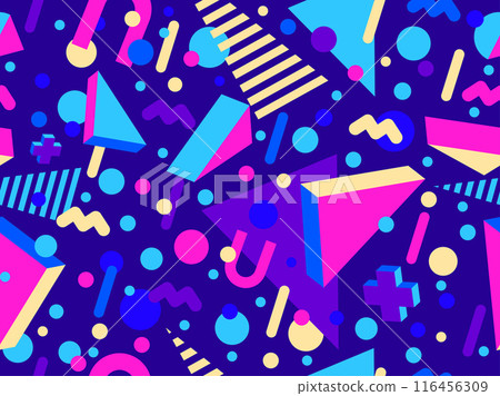 Geometric seamless pattern in 80s style. Colorful geometric pattern with isometric geometric 3D shapes. Design of promotional products, wrapping paper and printing. Vector illustration 116456309