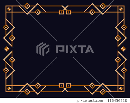 Frame in art deco style in gold color. Vintage linear border. Elegant vintage frame in minimalist style on a black background. Frame design for invitations, flyers and banners. Vector illustration 116456318