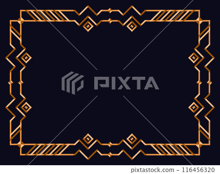 Frame in art deco style in gold color. Vintage linear border. Elegant vintage frame in minimalist style on a black background. Frame design for invitations, flyers and banners. Vector illustration 116456320