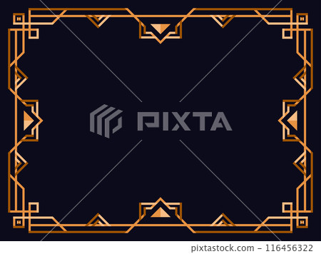 Frame in art deco style in gold color. Vintage linear border. Elegant vintage frame in minimalist style on a black background. Frame design for invitations, flyers and banners. Vector illustration 116456322