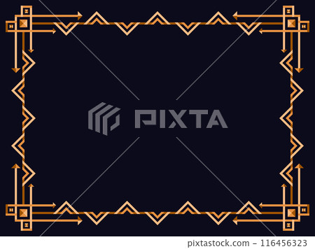 Frame in art deco style in gold color. Vintage linear border. Elegant vintage frame in minimalist style on a black background. Frame design for invitations, flyers and banners. Vector illustration Frame in art deco style in gold color. Vintage linear border. Elegant vintage frame in minimalist style on a black background. Frame design for invitations, flyers and banners. Vector illustration 116456323