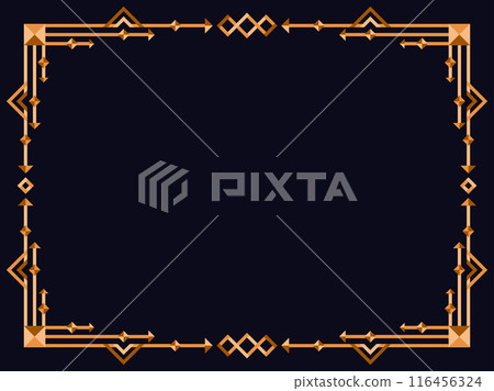 Frame in art deco style in gold color. Vintage linear border. Elegant vintage frame in minimalist style on a black background. Frame design for invitations, flyers and banners. Vector illustration Frame in art deco style in gold color. Vintage linear border. Elegant vintage frame in minimalist style on a black background. Frame design for invitations, flyers and banners. Vector illustration 116456324