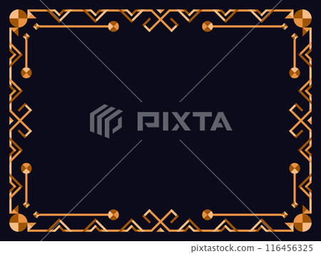 Frame in art deco style in gold color. Vintage linear border. Elegant vintage frame in minimalist style on a black background. Frame design for invitations, flyers and banners. Vector illustration Frame in art deco style in gold color. Vintage linear border. Elegant vintage frame in minimalist style on a black background. Frame design for invitations, flyers and banners. Vector illustration 116456325