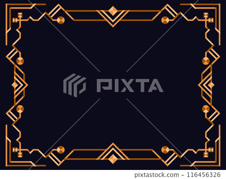 Frame in art deco style in gold color. Vintage linear border. Elegant vintage frame in minimalist style on a black background. Frame design for invitations, flyers and banners. Vector illustration 116456326