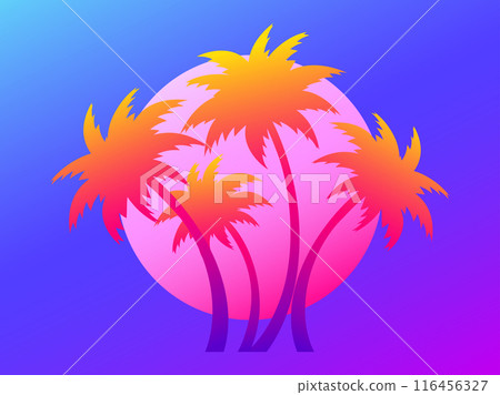 Silhouettes of palm trees at sunset gradient sun. Summer time. Colorful gradient colors, tropical sunset with palm trees and sun. Design for banners, posters, covers and booklets. Vector illustration Silhouettes of palm trees at sunset gradient sun. Summer time. Colorful gradient colors, tropical sunset with palm trees and sun. Design for banners, posters, covers and booklets. Vector illustration 116456327