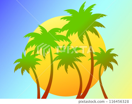 Silhouettes of palm trees at sunset gradient sun. Summer time. Colorful gradient colors, tropical sunset with palm trees and sun. Design for banners, posters, covers and booklets. Vector illustration Silhouettes of palm trees at sunset gradient sun. Summer time. Colorful gradient colors, tropical sunset with palm trees and sun. Design for banners, posters, covers and booklets. Vector illustration 116456328