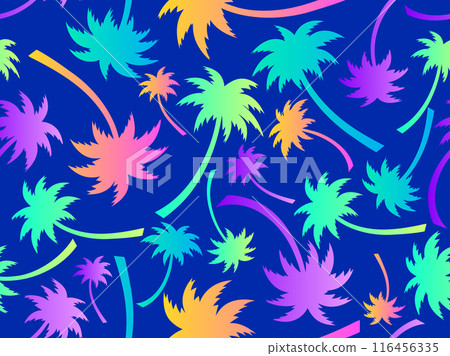 Palm trees seamless pattern. Colorful gradient palm trees. Background with tropical pattern of palm trees. Summer time. Design for wallpapers, banners and promotional items. Vector illustration 116456335