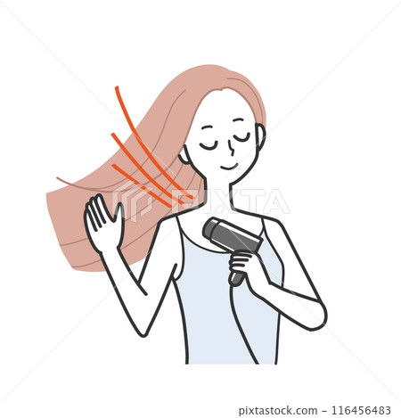 一個女人用吹風機吹乾頭髮 116456483