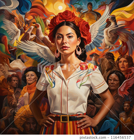 Beautiful Spanish Flamenco Dancer in Red Dress Surrounded by Dancers, Musicians, and Singers Beautiful Spanish Flamenco Dancer in Red Dress Surrounded by Dancers, Musicians, and Singers 116456537