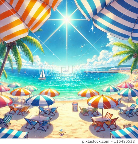 Beach with beach umbrellas, beach chairs and umbrellas 116456538
