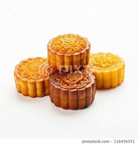Colorful Mooncakes Displayed on White Background with Intricate Designs 116456551