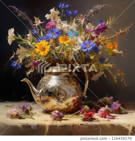 Exquisite Floral Arrangement in a Silver Teapot Still Life Painting 116456576