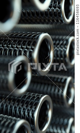 Close-up view Carbon fiber pipes arranged in grid pattern with unique shapes creating visual effect. Pipes have curved, straight sections. Blurred background draws focus to intricate details. Close-up view Carbon fiber pipes arranged in grid pattern with unique shapes creating visual effect. Pipes have curved, straight sections. Blurred background draws focus to intricate details. 116456693