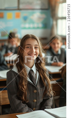 Caucasian teen girl in school uniform sits at desk in classroom smiling. Students work on tasks around blue wall with educational posters and natural light. 116456715