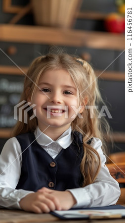 Caucasian seven year old girl wearing classy school uniform sits at wooden desk in classroom. Smiles warmly holding book in lap against gray wall with blackboard and basket of apples. 116456781