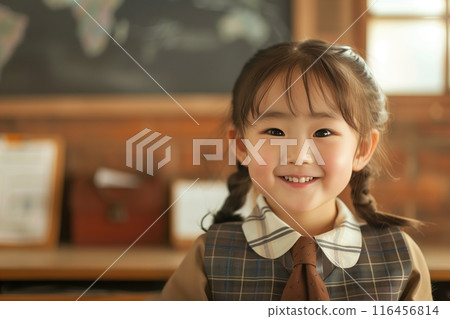 Asian seven year old girl wears classy school uniform sitting at desk in classroom. Brown hair, white collar with plaid shirt bowtie tie matching dress color. Wooden chest visible behind blackboard. 116456814
