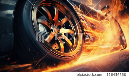 Fiery Acceleration: Rear Wheel of Sports Car Emitting Flames on Start. Generative ai 116456868