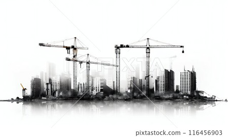 Silhouetted Cityscape: Construction Cranes Towering over Urban Structures on a White Canvas. Generative ai 116456903
