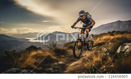 Adventurous Cyclist Tackling a Rugged Mountain Trail. Generative ai 116456905