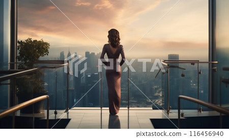 Successful Woman Admiring Panoramic View from Luxury Balcony. Generative ai 116456940