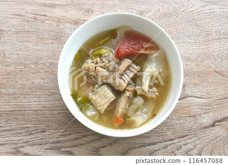 boiled braised beef meat and tendon spicy and sour tom yum soup Halal food on bowl boiled braised beef meat and tendon spicy and sour tom yum soup Halal food on bowl 116457088