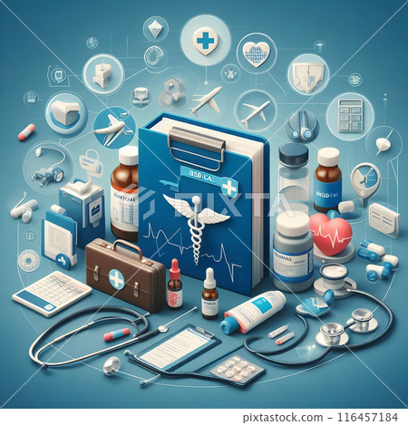 3d render of a medical technology and healthcare system concept with a stethoscope, first aid kit, pills and syringes 116457184