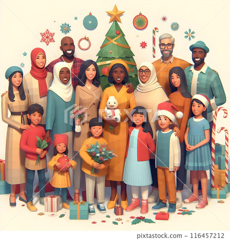 Illustration of a big family from diverse ethnicities gathering in front of a christmas tree, holding presents and smiling 116457212