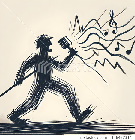 Singer with microphone walking energetically with music notes flowing around Singer with microphone walking energetically with music notes flowing around 116457314