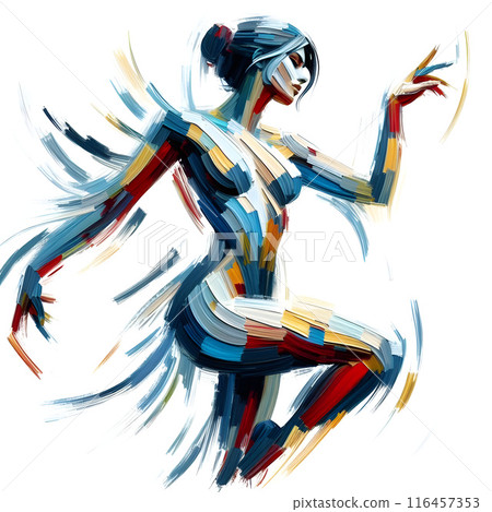 Woman is gracefully dancing in a swirl of colorful brushstrokes, conveying movement and energy 116457353