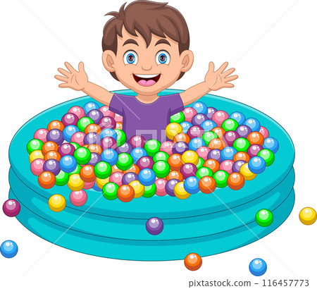 Boy playing with colored balls in the bath Boy playing with colored balls in the bath 116457773