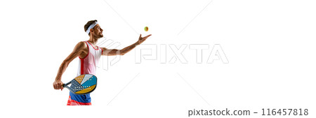 Champion. Young man, tennis player in uniform with colorful padel racket showing his motivation and ambitions, winning emotions isolated on white background Champion. Young man, tennis player in uniform with colorful padel racket showing his motivation and ambitions, winning emotions isolated on white background 116457818