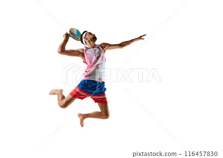 Sportive and competitive young man, tennis layer in motion with colorful paddle racket, playing isolated on white background 116457830