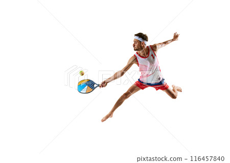 Sportive and competitive young man, tennis layer in motion with colorful paddle racket, playing isolated on white background 116457840