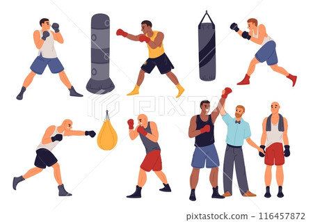Boxers train. Athletes in uniform beat punching bag. Participate in sparring. Referee announces winner. Combat sport. Fighters against opponents. Kickboxers match. Garish vector set 116457872