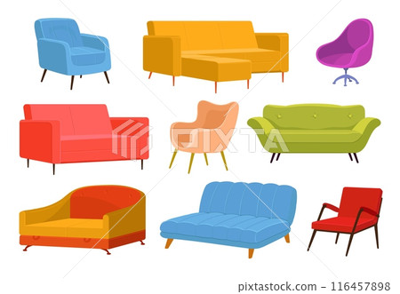 Couches and sofas. Upholstered furniture. Interior elements. Leather or fabric soft seats. Home room furnishing. Comfortable lounges. Classic and modern design. Splendid vector set 116457898
