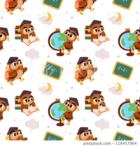 Cute owls seamless pattern. Wise birds with globes. Class blackboard. School satchels and books. Kids education. Funny animal mascot. Owlet student studying. Garish vector background 116457904